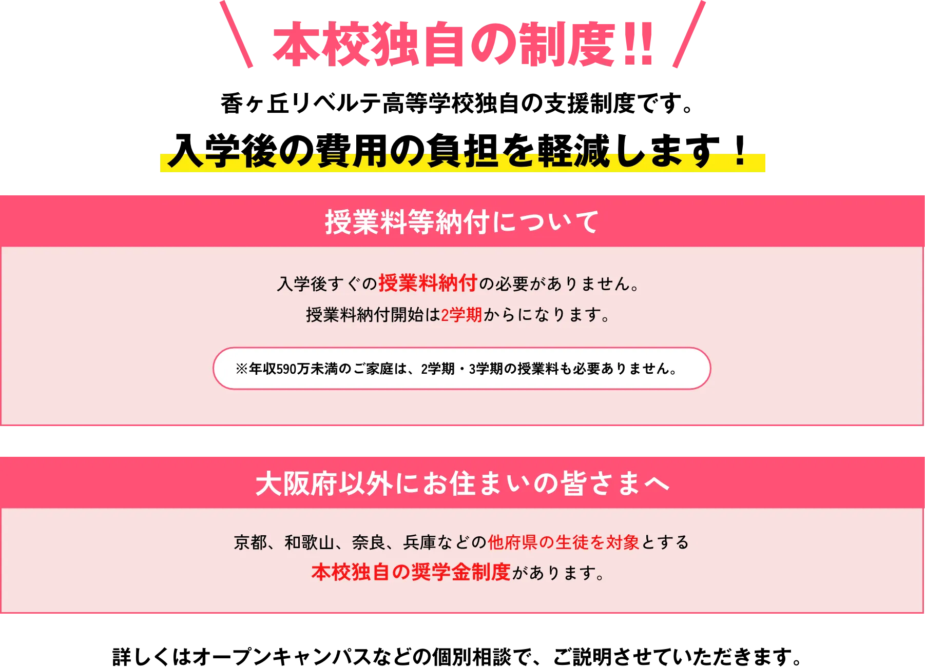本校独自の制度 香ヶ丘リベルテ高等学校独自の支援制度です。入学後の費用の負担を軽減します!